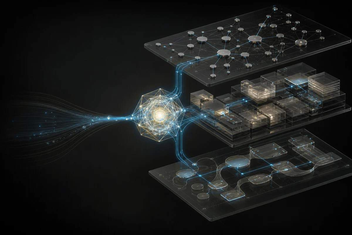 Three technology layers connect through one illuminated orchestration core.