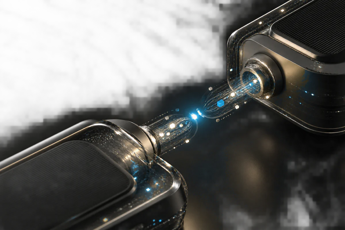 Two technology endpoints exchange a bidirectional handshake through a transparent protocol channel.