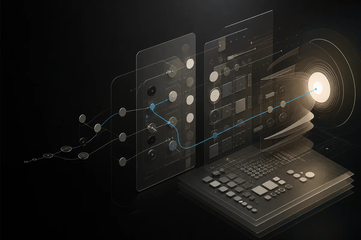 Layered interaction flows, component states and a blue path converge on a clear product outcome.