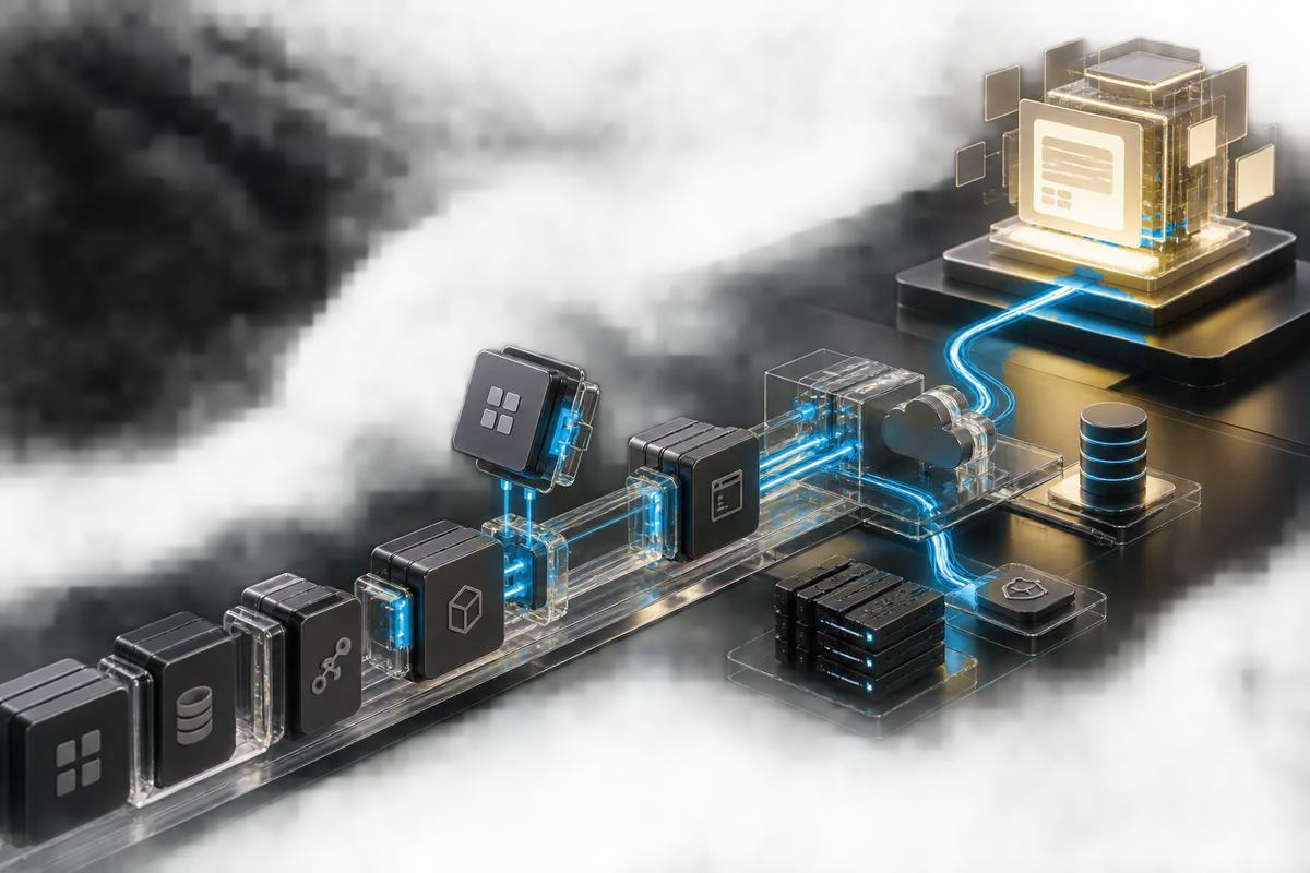 Reusable application modules move along an integration and deployment pipeline.
