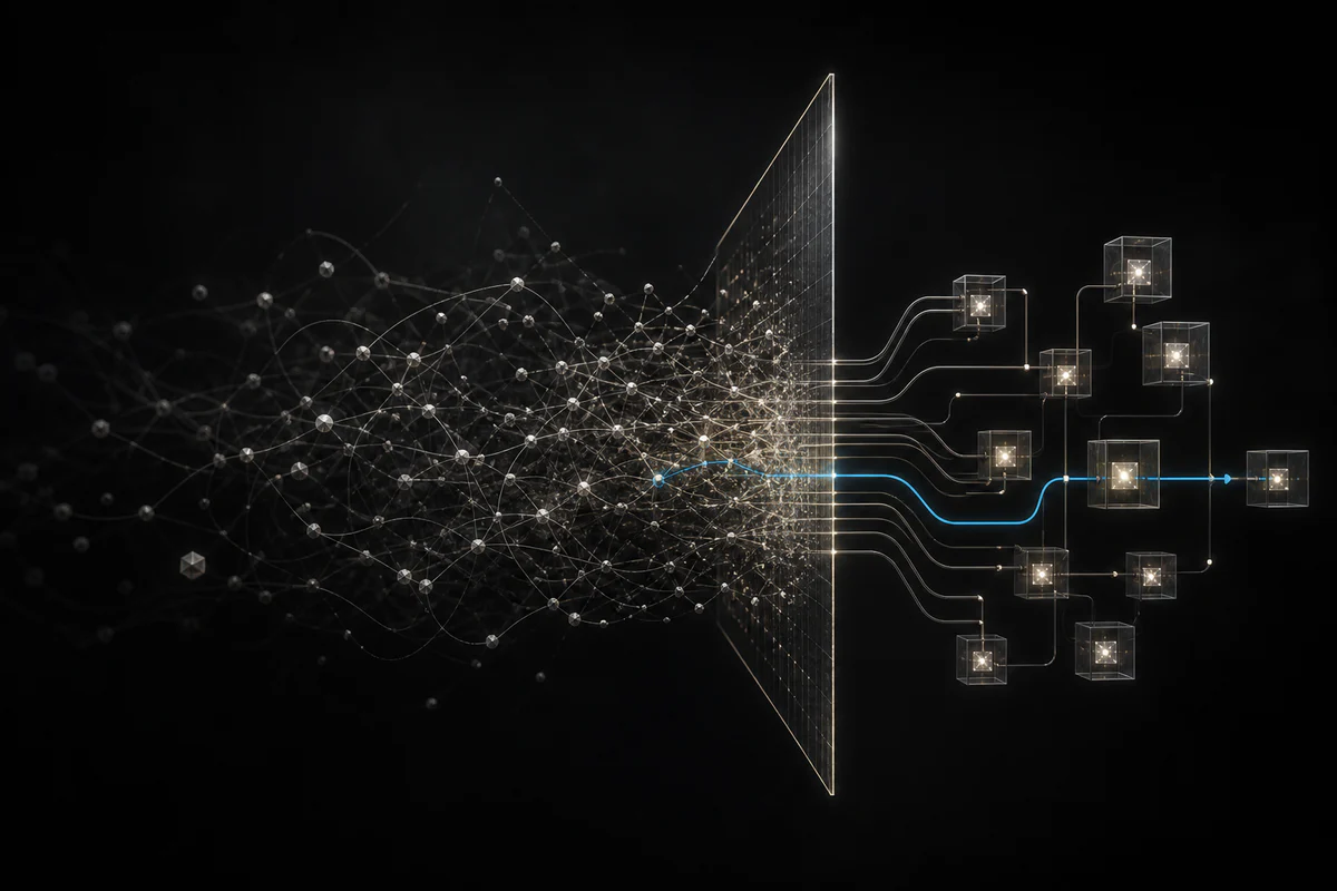 A complex network topology passes through a diagnostic plane and resolves into an ordered architecture.