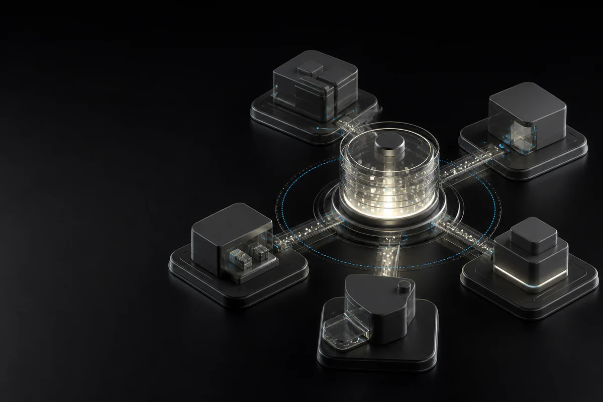 Business application modules synchronise through a shared operational data core.