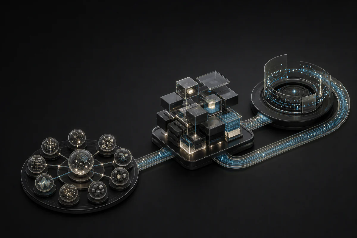 Discovery, application delivery and improvement stages connect through one feedback pipeline.