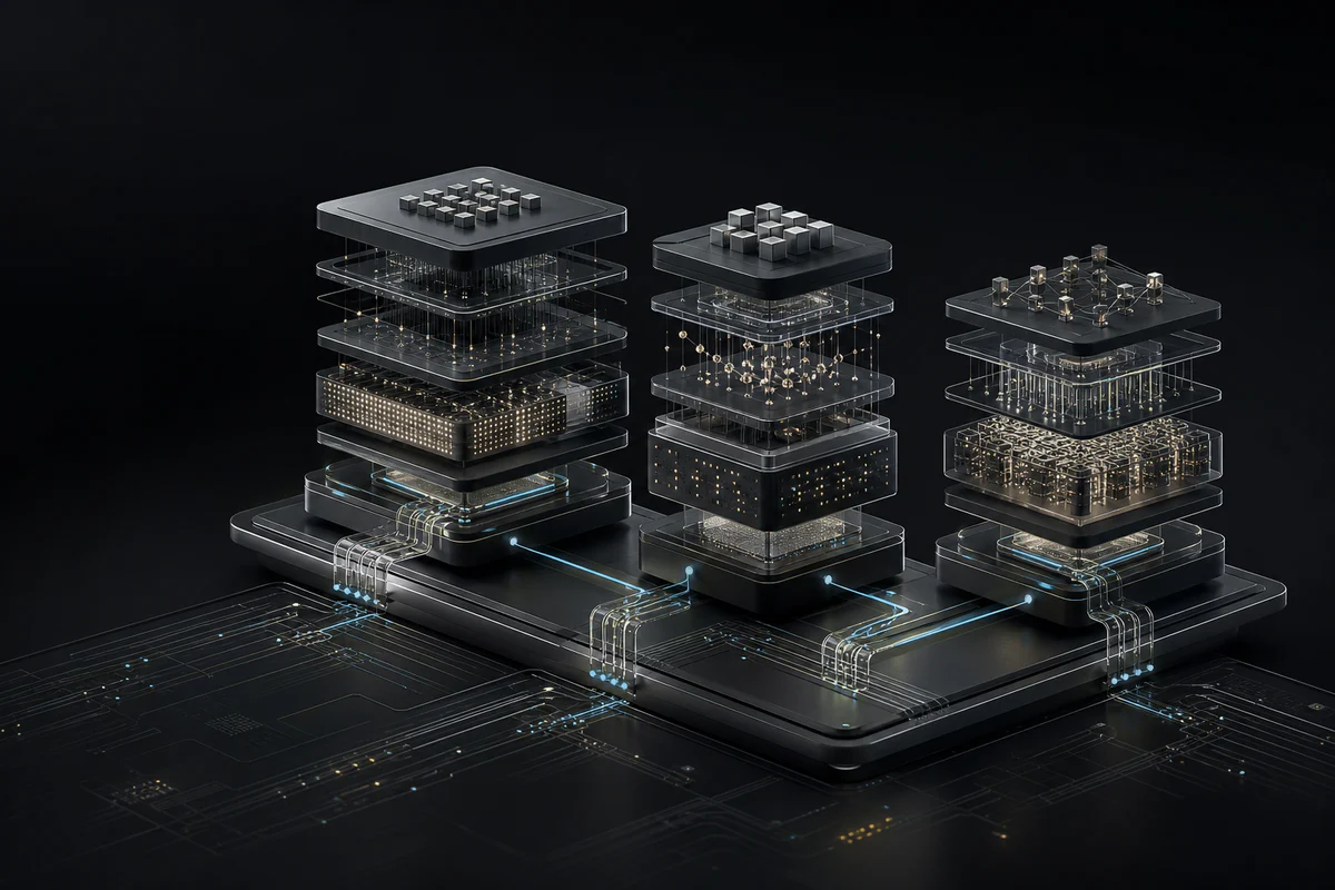 Three compute stacks connect through one shared data fabric and integration bus.