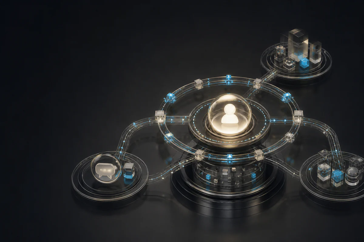 A shared customer identity core connects sales, service and partner channel clusters.